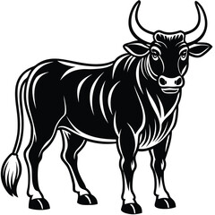 Fototapeta premium Vector art of black and white illustration of a bull with horns, isolated on white background