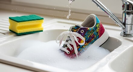 Hand washing a vibrant canvas shoe in a sink full of foam. Shoe care and maintenance concept.