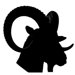 Black vector silhouette of a ram's head in profile. An isolated graphic icon representing strength, power, and the zodiac.