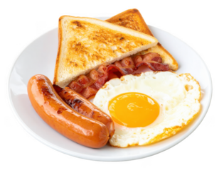 American breakfast set with eggs bacon toast and sausage on transparent background