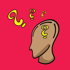 Question marks floating over thinking human head: curiosity and problem solving