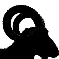 A striking black silhouette of a majestic wild ram with large, curved horns. A powerful animal profile isolated on a white background.