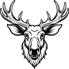 Obraz premium Vector art of black and white illustration of a moose head with large antlers isolated on white background
