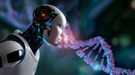 Robot Analyzing DNA Strands in Biotech and AI Integration