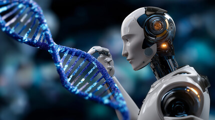 Robot Analyzing DNA Strands in Biotech and AI Fusion