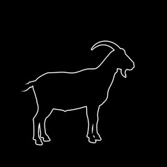 A stylized white outline of a goat standing against a stark black background, showcasing its horns and silhouette.