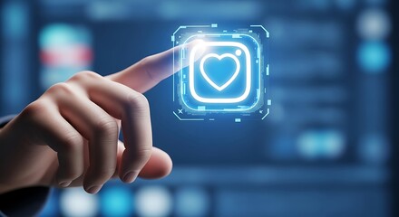 Finger pressing a glowing heart like button on a futuristic digital interface.
