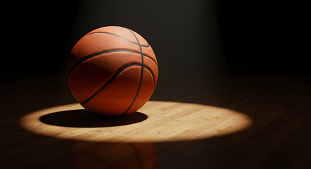 Obraz premium Basketball resting under dramatic spotlight on wooden court floor 