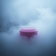Pink cream jar with misty scene.