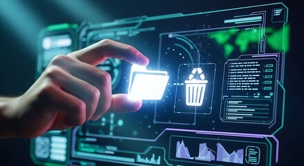 Hand dragging a glowing file icon towards a digital trash bin.