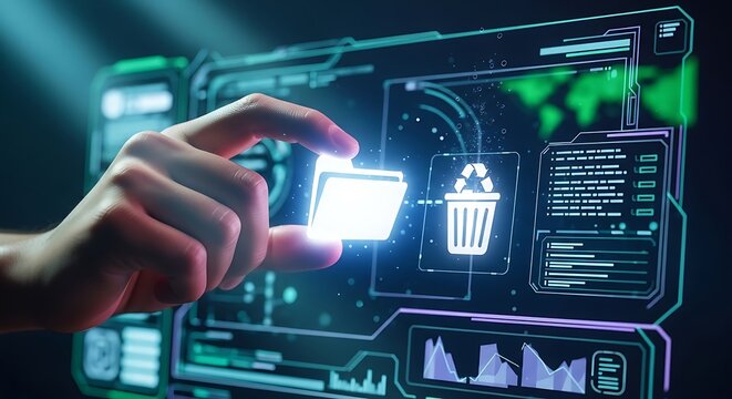Hand dragging a glowing file icon towards a digital trash bin.