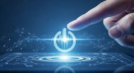 Human hand presses glowing futuristic power button on a blue digital interface.

