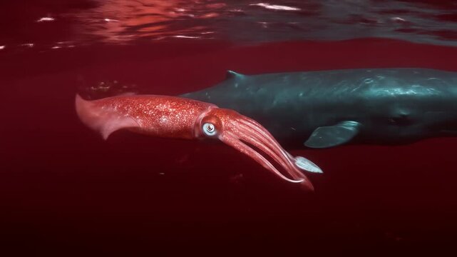 Ocean's Giants: A Sperm Whale and Humboldt Squid Underwater Encounter