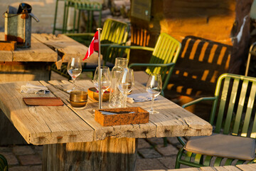 Rustic wooden table with Canadian flag and vintage table setting