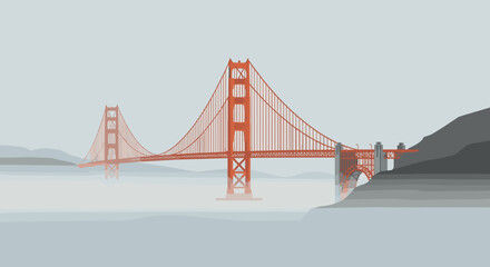 Fototapeta premium Aerial view of the golden gate bridge in fog san francisco stunning digital artwork architectural landscape ethereal atmosphere. Vector illustration
