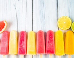 Colorful Popsicles on Wooden Surface with Citrus Fruits