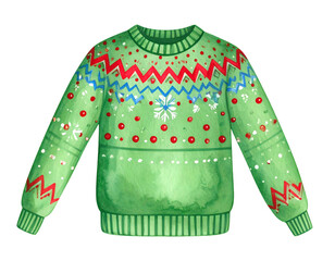 Green Christmas sweater with colorful patterns and festive design. Isolated transparent background