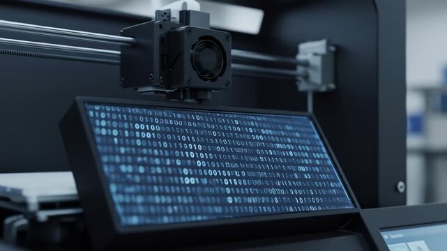 Close-up of a 3D Printer Displaying Binary Code