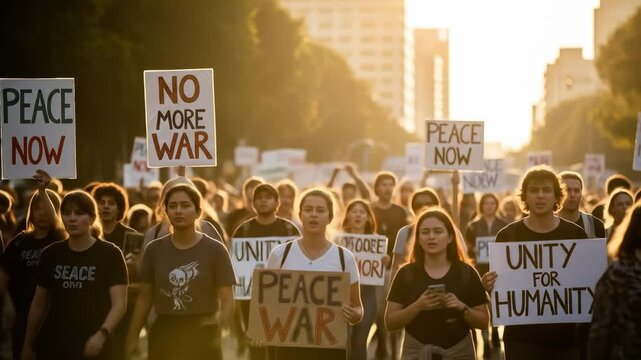 Peace Now, No More War. A large crowd of diverse young activists marching in a city street. People protesting for peace and unity at a rally during sunset.