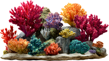 Assortment of colorful marine corals and rocks on sandy seabed