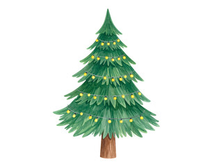 Fototapeta premium Decorative Christmas tree with lights and green foliage. Isolated transparent background