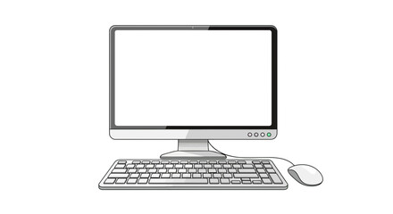 Modern desktop computer with a blank white screen, keyboard, and mouse. Isolated vector illustration for technology concepts.