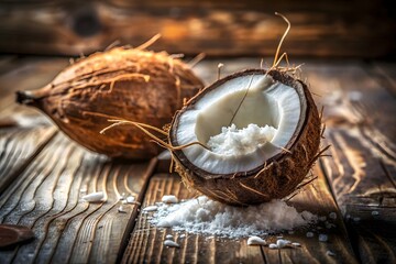 A whole coconut and a halved coconut filled with shredded flesh sit on a rustic wooden surface, showcasing a delicious and natural treat