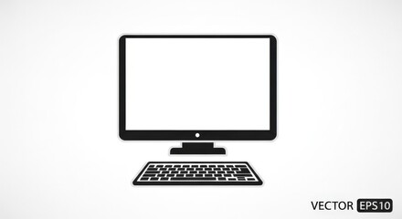 A flat vector illustration of a desktop computer with a blank white screen and a keyboard.