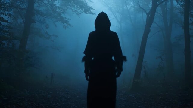 Silhouette of a hooded figure standing in a foggy blue forest at night