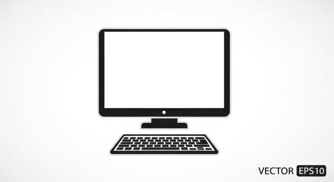 A flat vector illustration of a desktop computer with a blank white screen and a keyboard.