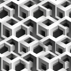 Fototapeta premium Abstract geometric maze of interconnected white cubes with black voids