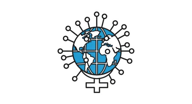 Illustration of a blue and white globe with connected nodes, representing global connectivity, atop a female symbol. - Powered by Adobe