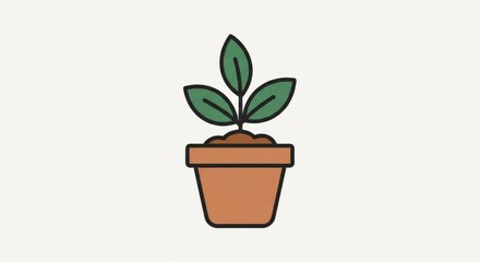 Obraz premium A simple flat illustration of a small green plant with three leaves growing in a terracotta pot.