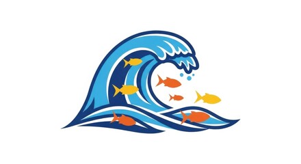 Obraz premium A stylized blue ocean wave crests with a school of orange and yellow fish swimming within it.