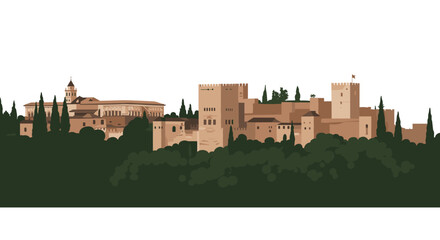 Fototapeta premium Majestic sunset over alhambra fortress granada digital illustration panoramic landscape serene environment captivating viewpoint. Vector illustration