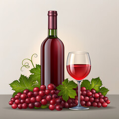 Obraz premium Elegant red wine bottle and glass with fresh grapes and leaves