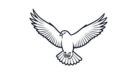 Obraz premium A simple black and white line art illustration of a dove flying with its wings fully spread.