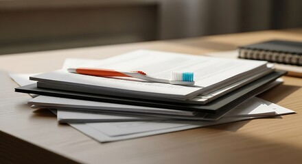 A toothbrush resting on a stack of documents and notebooks on a wooden office desk, symbolizing overwork and burnout