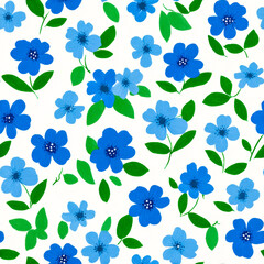 Vibrant blue floral pattern with green leaves on a white background