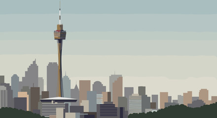 Obraz premium Skyline panorama of sydney tower urban landscape digital art daytime aerial view cityscape concept. Vector illustration