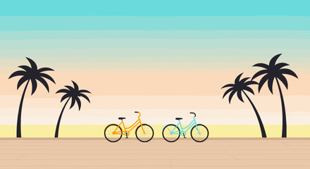 Fototapeta premium Bicycling adventure at sunset beach digital illustration calm environment aesthetic viewpoint. Vector illustration