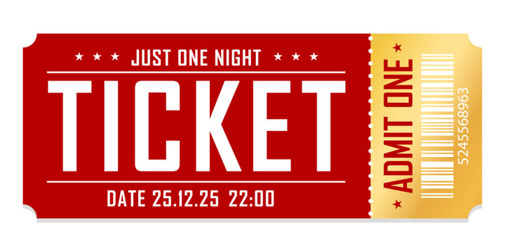 Luxury red and gold ticket and coupon template vector isolated. Useful for any festival, party, concert, cinema, birthday event, entertainment show