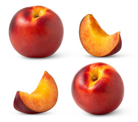 Whole and cut peach fruits collection isolated on white background.