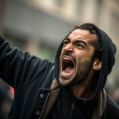 Passionate man with open mouth and intense expression shouting during a protest or demonstration