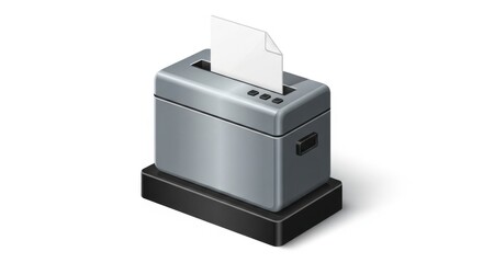 A modern, metallic paper shredder is actively destroying a single white sheet of paper.