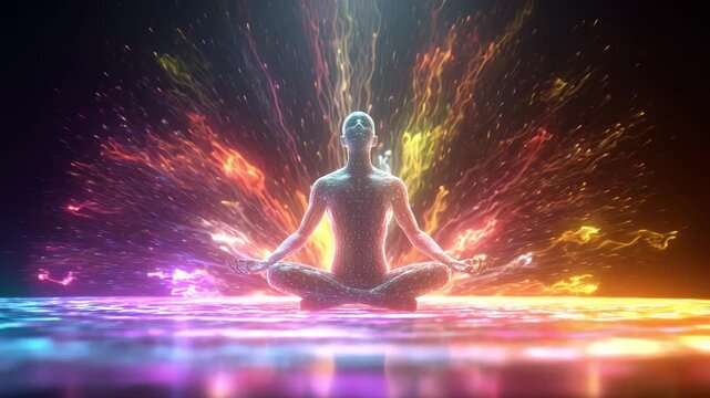 hologram of a human in a yoga pose with a surge of positive aura behind him