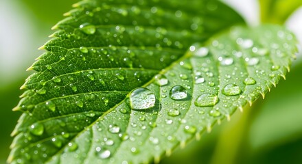 Close-up Dew Drops on Lush Green Leaf