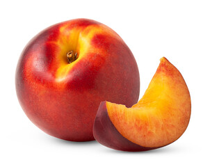 Red juicy nectarine peach and cut in a slice isolated. Nectarine fruit with clipping path, full depth of field.
