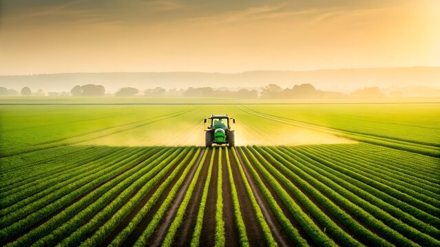 Tractor spraying crops in a vast green field at sunrise