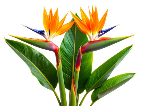 Bird of paradise flowers with green leaves isolated on white background. Vibrant tropical Strelitzia reginae plant.